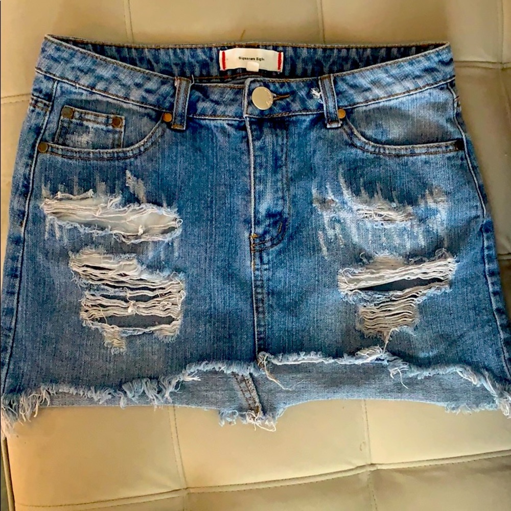 Distressed denim skirt